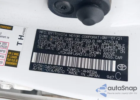 2021 Toyota Prius Le z USA, uszkodzony, nr VIN JTDKAMFU6M3141019